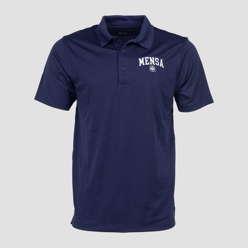 Navy polo with white collegiate style MENSA logo on left chest