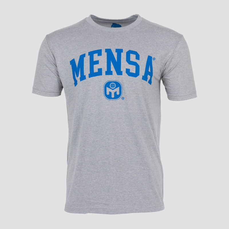 DHG tee with blue collegiate style MENSA logo on center chest