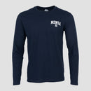Long Sleeve Navy Tee with collegiate style white Mensa Logo on left chest