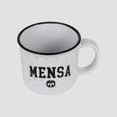 top down view of white Campfire mug with MENSA logo