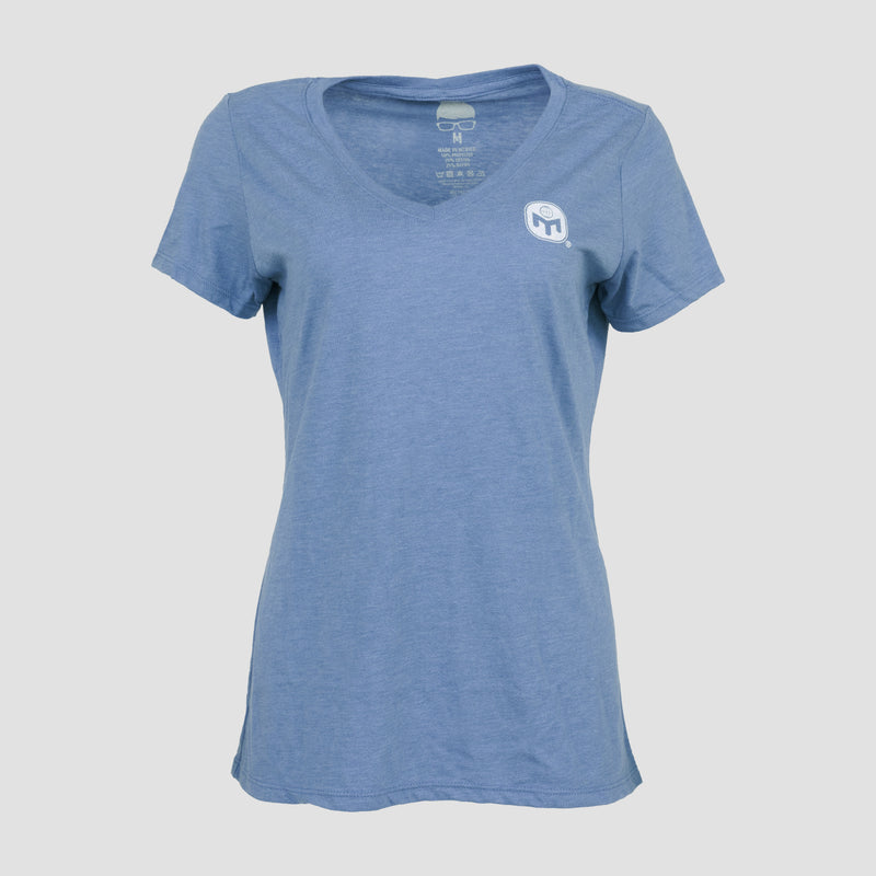 Maritime Frost ladies v neck with white mensa logo on left chest