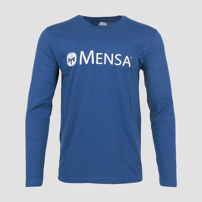 cool blue long sleeve tee with white Mensa logo