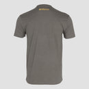 Rear view of warm grey tee with yellow "Mensa" text on upper back