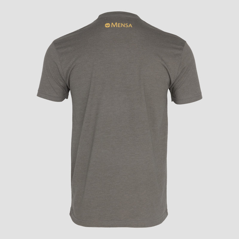 Rear view of warm grey tee with yellow "Mensa" text on upper back