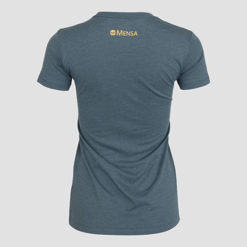 rear view of Indigo Ladies tee with yellow text on upper back "Mensa"