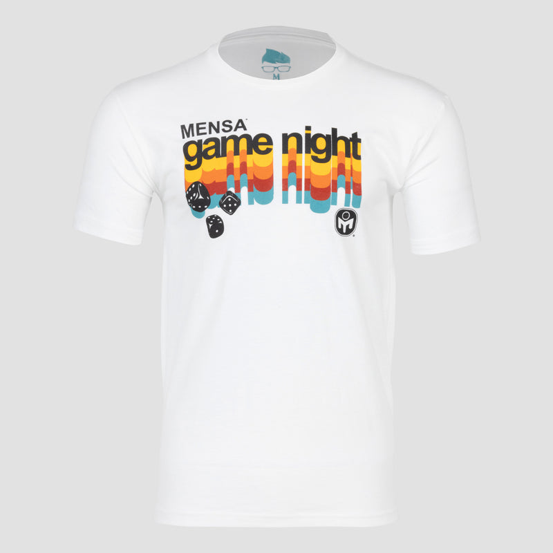 White Unisex tee with text "MENSA game night" with dice graphic