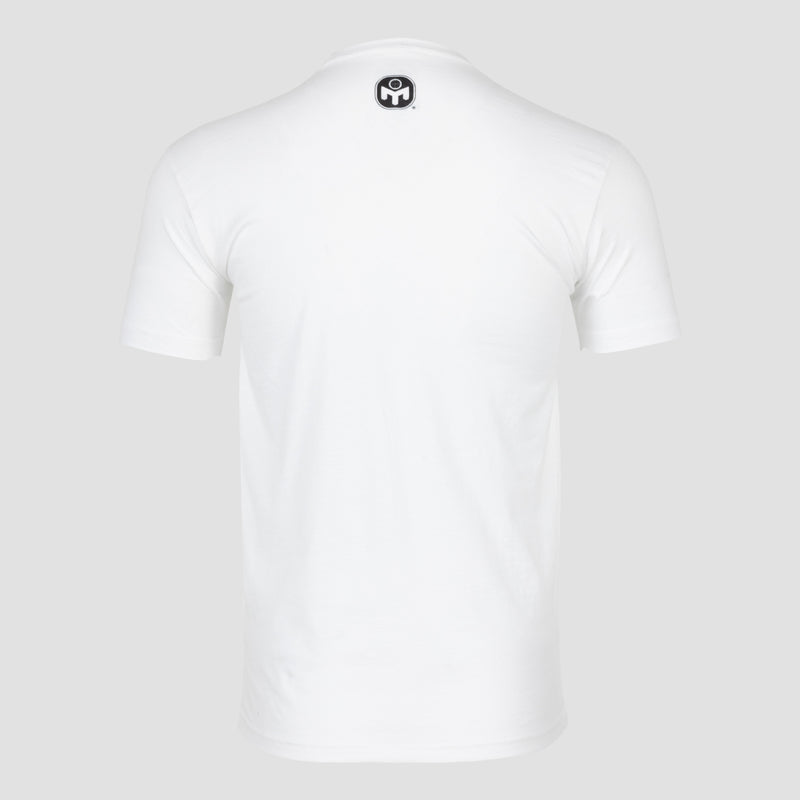 rear view of white unisex tee with Mensa logo on upper back