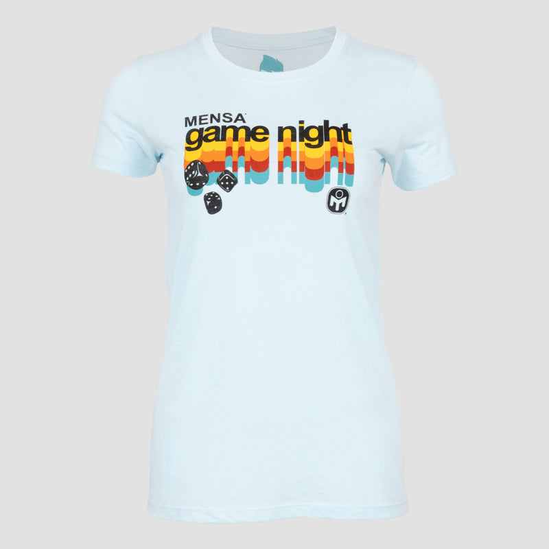 Ice Blue Ladies tee with text "MENSA game night" with dice graphic