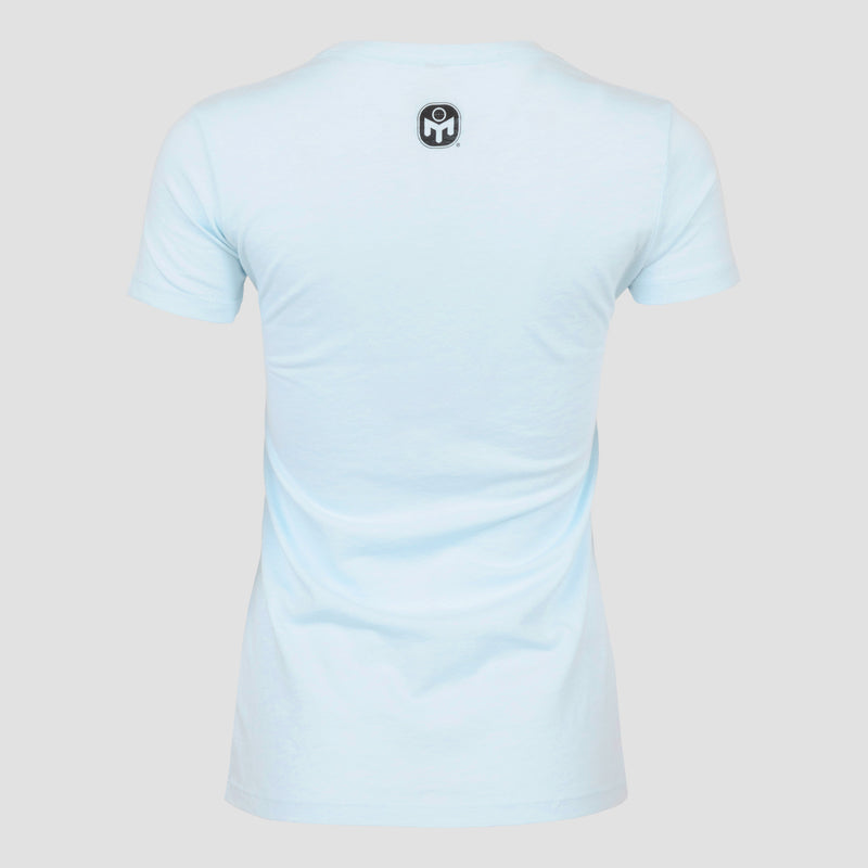 rear view of ice blue ladies tee with Mensa logo on upper back