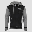 Black/Gunmetal Mensa varsity zip jacket with "MENSA" text and logo on left chest