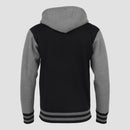 rear view of Black/Gunmetal Mensa varsity zip jacket