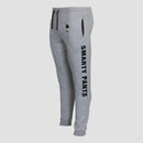 side view of Athletic heather pants showing large "SMARTY PANTS" text on left leg