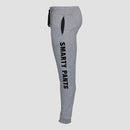 side view of Athletic heather pants showing large "SMARTY PANTS" text on left leg