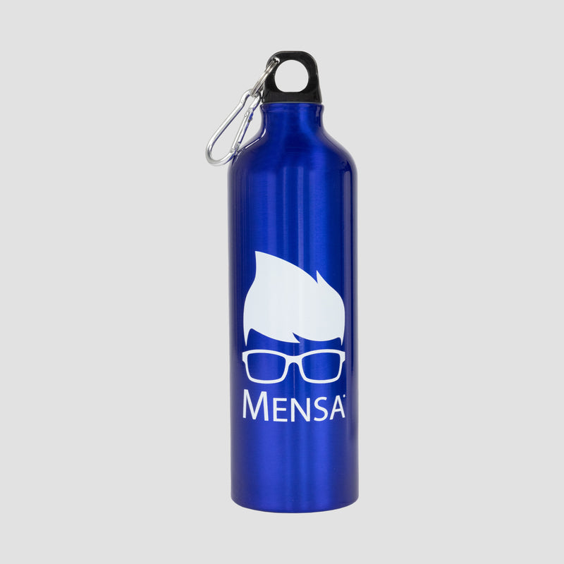 Royal Mensa Aluminum Sports Bottle with hair and glasses logo in white and white "Mensa" text