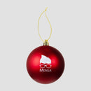Mensa Red 2024 Holiday Ornament with white hair and glasses logo and white Mensa text