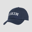 navy hat with white upside down "MENSA" text on front