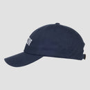 side view of navy hat with white upside down "MENSA" text on front