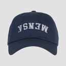 navy hat with white upside down "MENSA" text on front