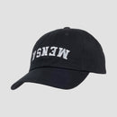 black hat with white upside down "MENSA" text on front