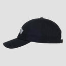 side view of black hat with white upside down "MENSA" text on front