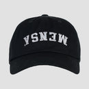 black hat with white upside down "MENSA" text on front