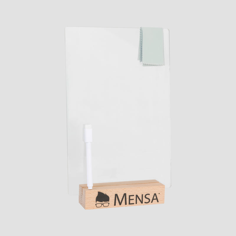 Mensa Note Bright Light Up Dry Erase Board with "Mensa" text on wooden base with geeky hair and glasses logo