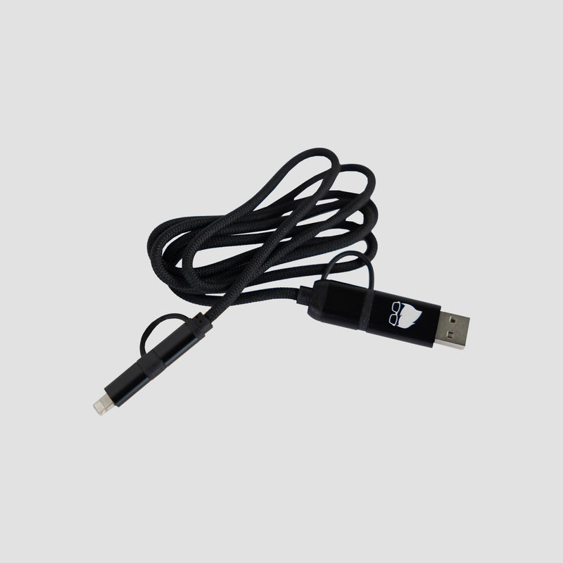 Black Charging cable with white geeky hair and glasses logo