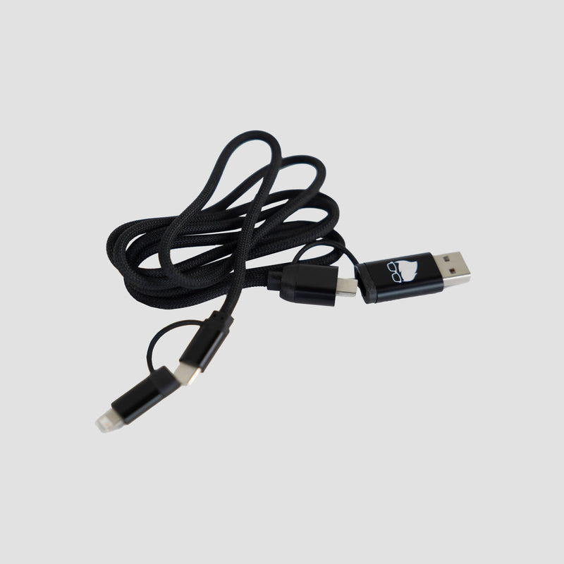 Black Charging cable with white geeky hair and glasses logo showing connects for usb a, usb c and lightning