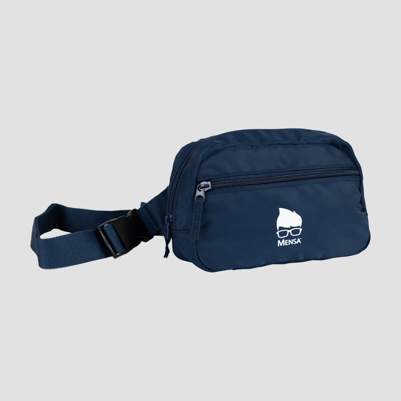 Navy fanny pack with white "Mensa" text and geeky hair and glasses logo