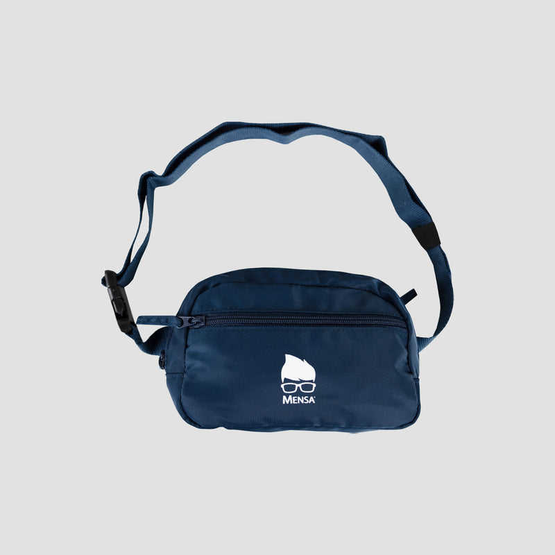 Navy fanny pack with white "Mensa" text and geeky hair and glasses logo