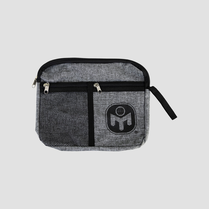 Grey gadget bag with Black Mensa logo showing 2 zipped pockets and zipped main pocket