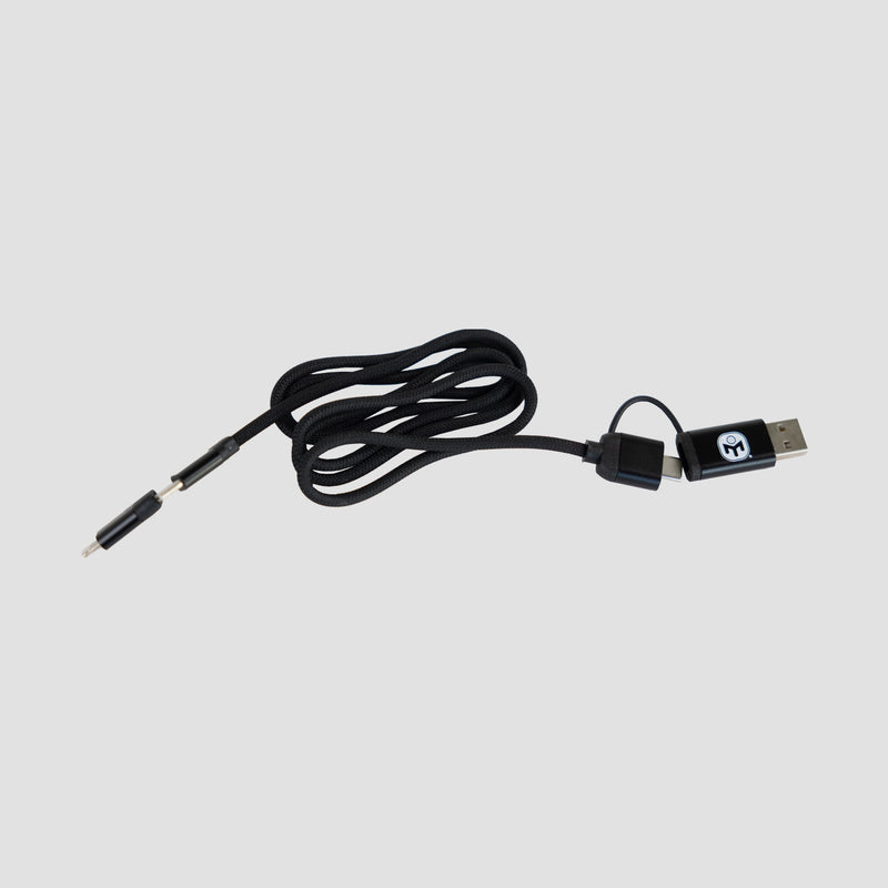 Black charging cable with Mensa logo showing connectors for usb a, usb c, and lightning