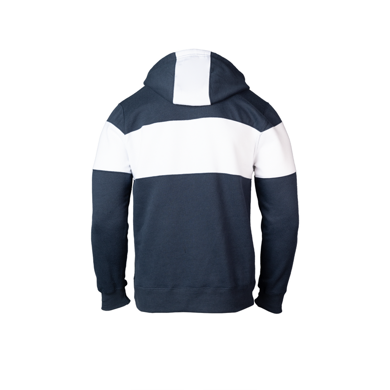 Rear view of Navy and white striped hoodie