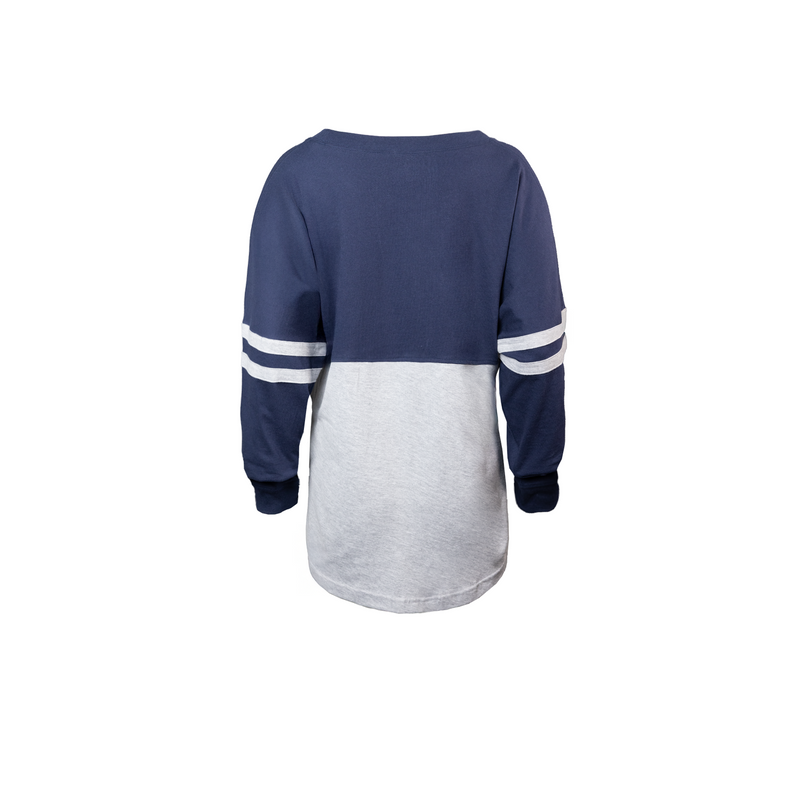 Rear view of Long-sleeve shirt with blue sleeves and top and gray lower body