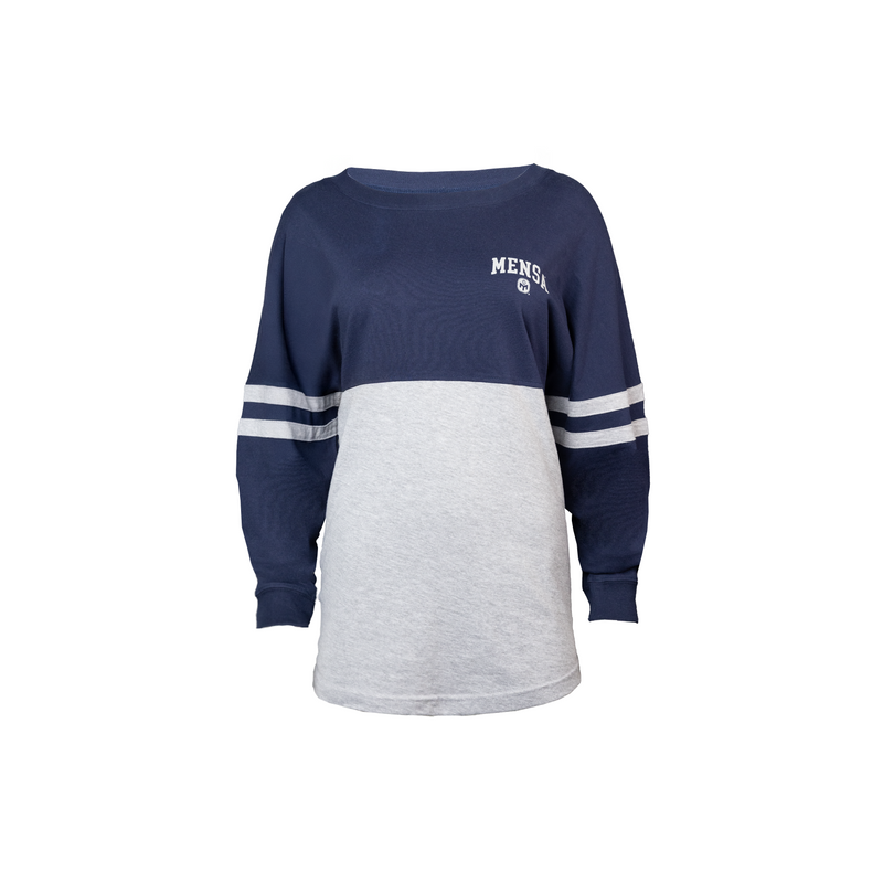 Two-tone navy and gray sweatshirt with 'Mensa' logo