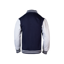 Rear view of Navy varsity jacket with white sleeves