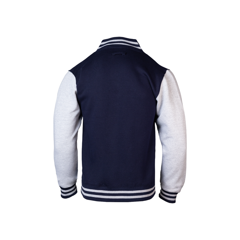 Rear view of Navy varsity jacket with white sleeves