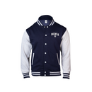 Navy and white varsity jacket with 'Mensa' logo