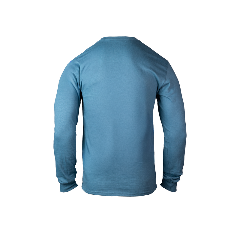 Rear view of Blue long-sleeve shirt