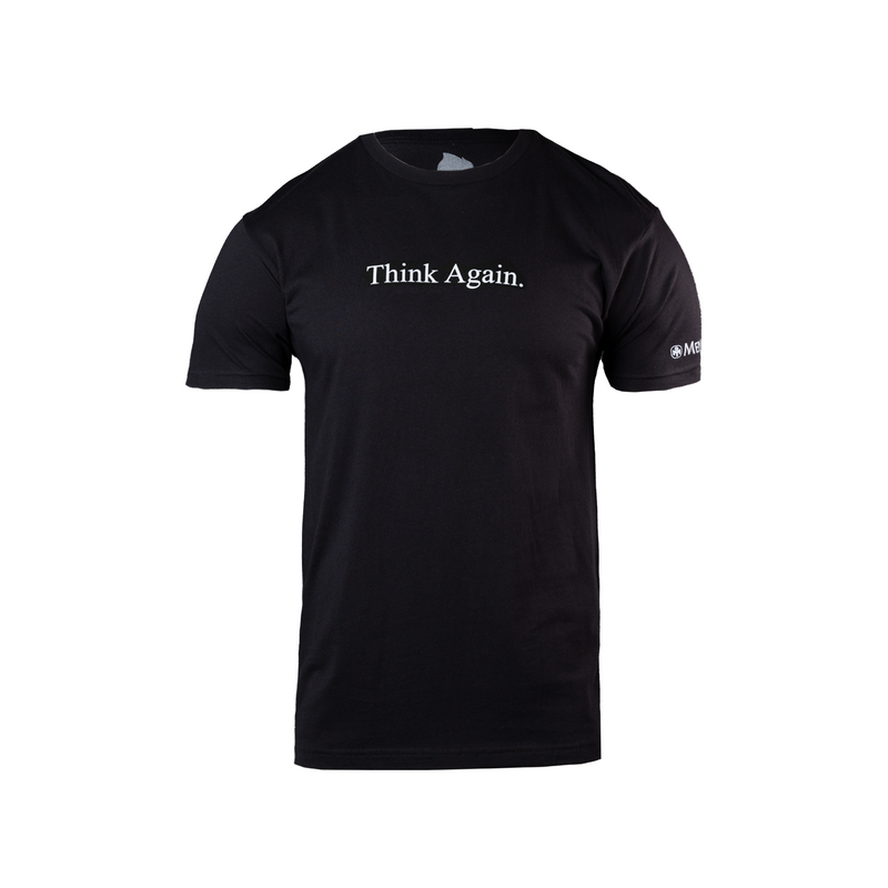 Black t-shirt with 'Think Again' text