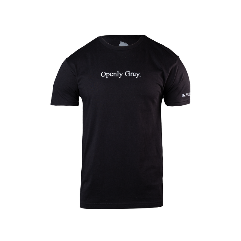Black t-shirt with 'Openly Gray' text on chest and 'MENSA' logo on sleeve