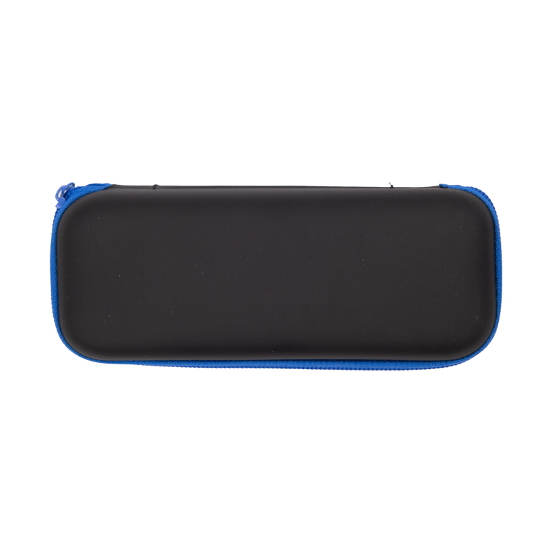 Black rectangular case with blue zipper