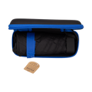 Black umbrella rolled up inside a black and blue carrying case