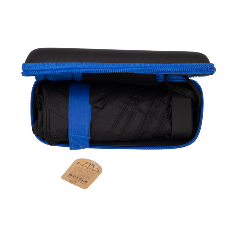 Black umbrella rolled up inside a black and blue carrying case