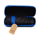 Black umbrella in a black and blue carrying case with a visible tag