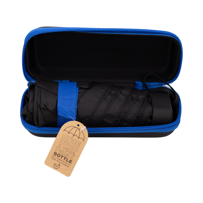 Black umbrella in a black and blue carrying case with a visible tag