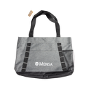Gray tote bag with black straps and Mensa logo
