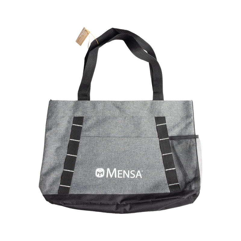 Gray tote bag with black straps and Mensa logo