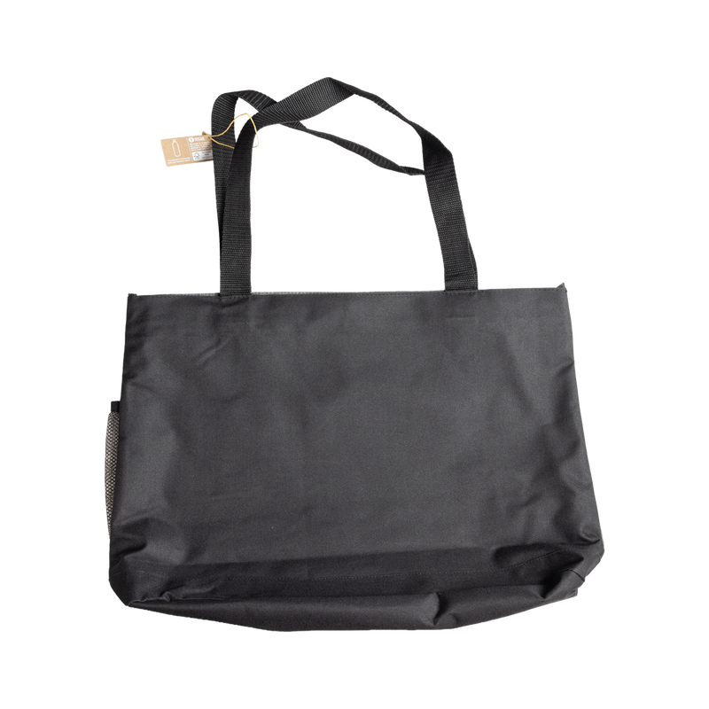 Grey tote bag with a tag on a white background