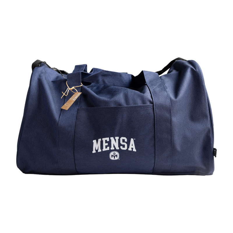 Navy blue duffel bag with 'Mensa' logo
